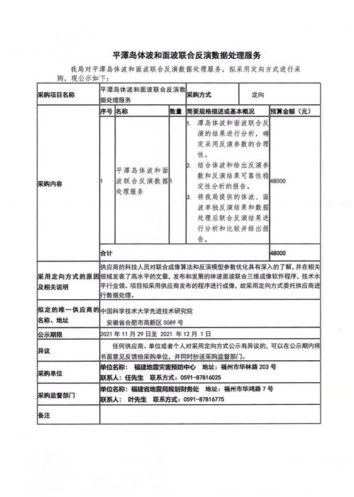 福建地震災害預防中心平潭島體波與面波聯合反演數據處理服務定向采購公告